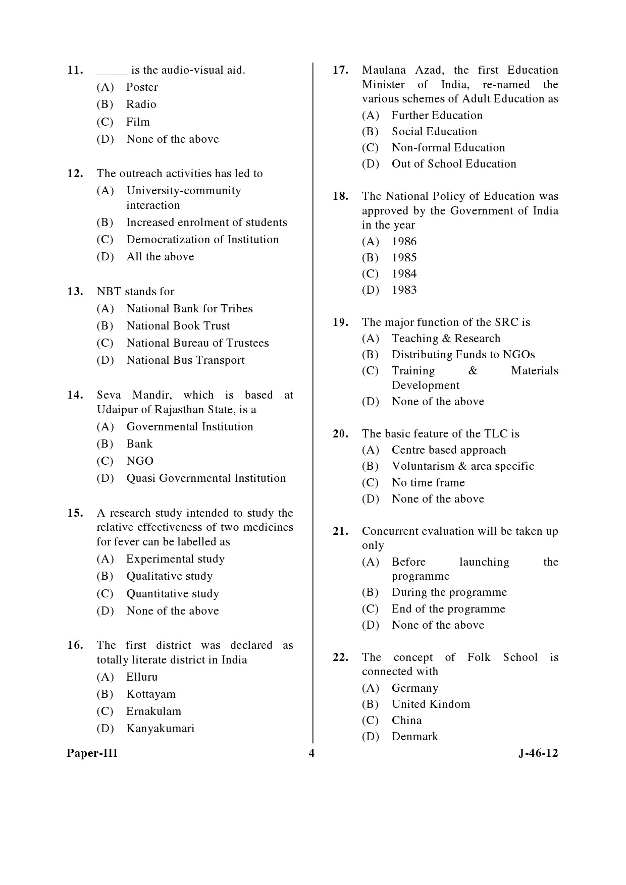 UGC NET Adult Education Question Paper III June 2012 4