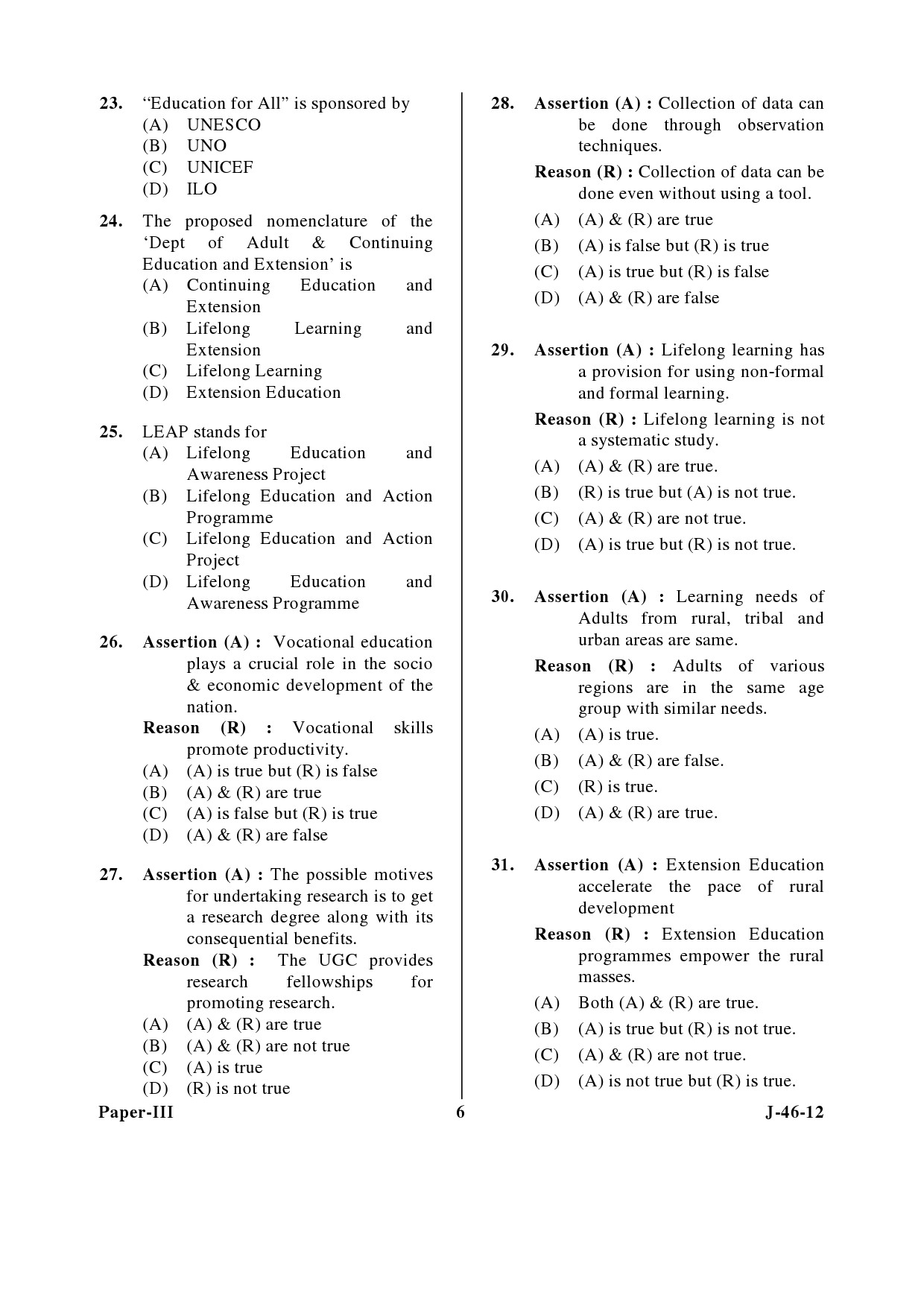 UGC NET Adult Education Question Paper III June 2012 6