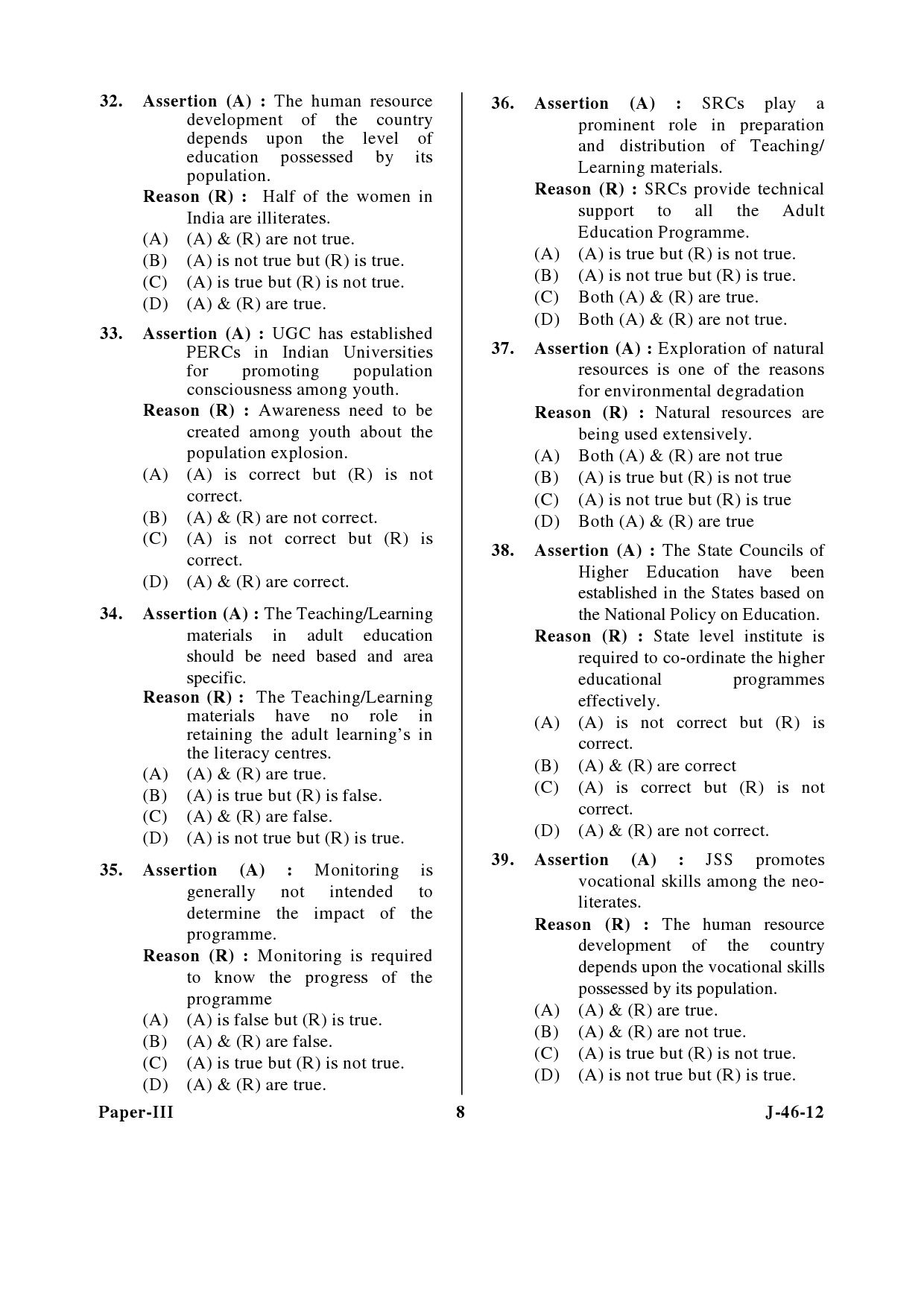 UGC NET Adult Education Question Paper III June 2012 8