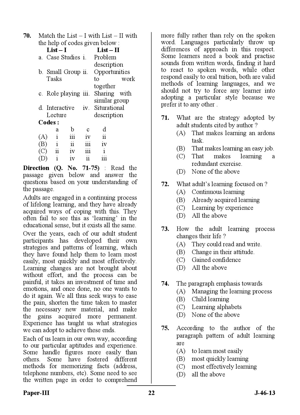 UGC NET Adult Education Question Paper III June 2013 Set 2 22