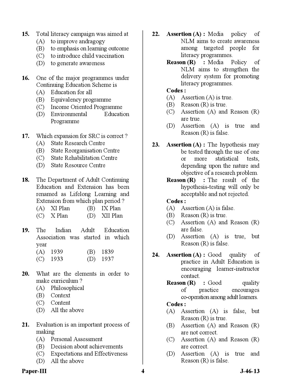 UGC NET Adult Education Question Paper III June 2013 Set 2 4