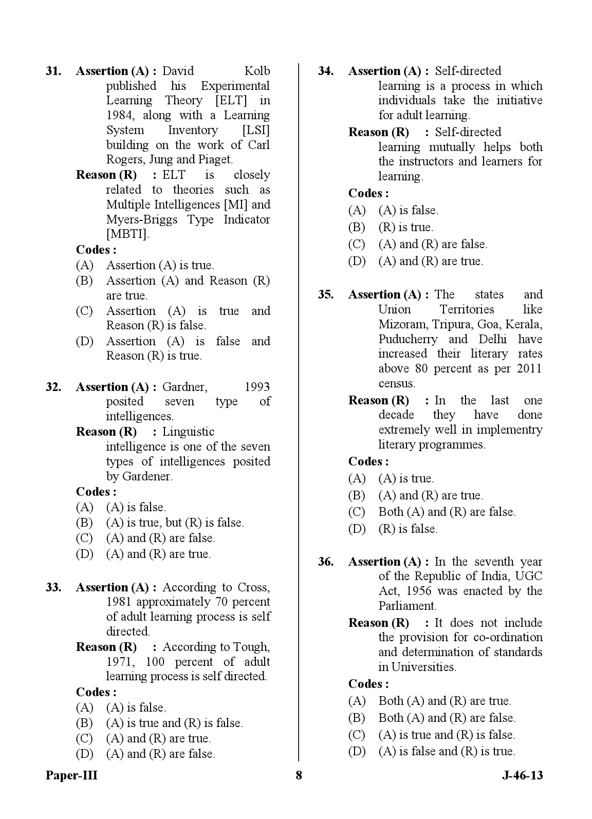 UGC NET Adult Education Question Paper III June 2013 Set 2 8