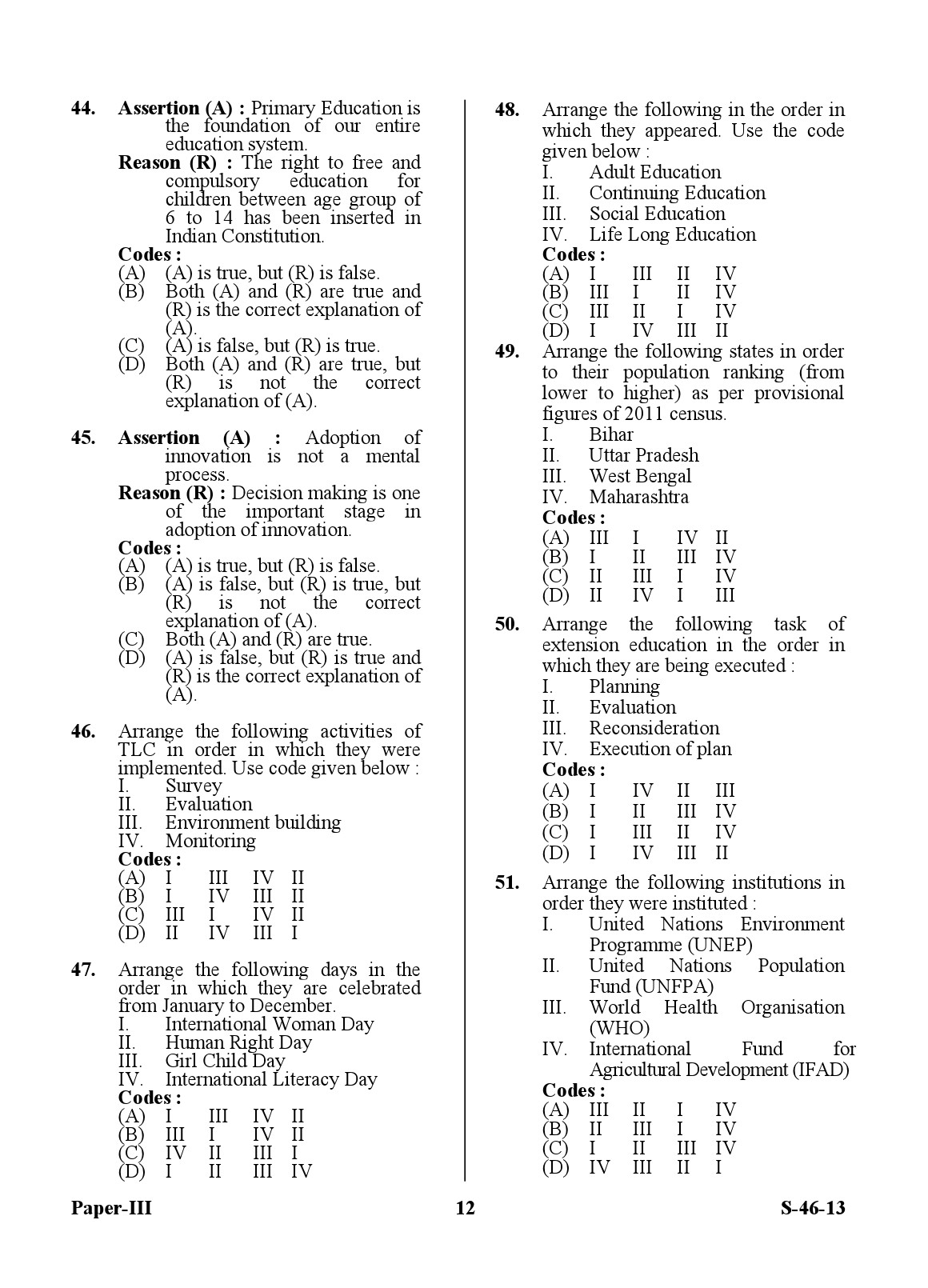 UGC NET Adult Education Question Paper III June 2013 12