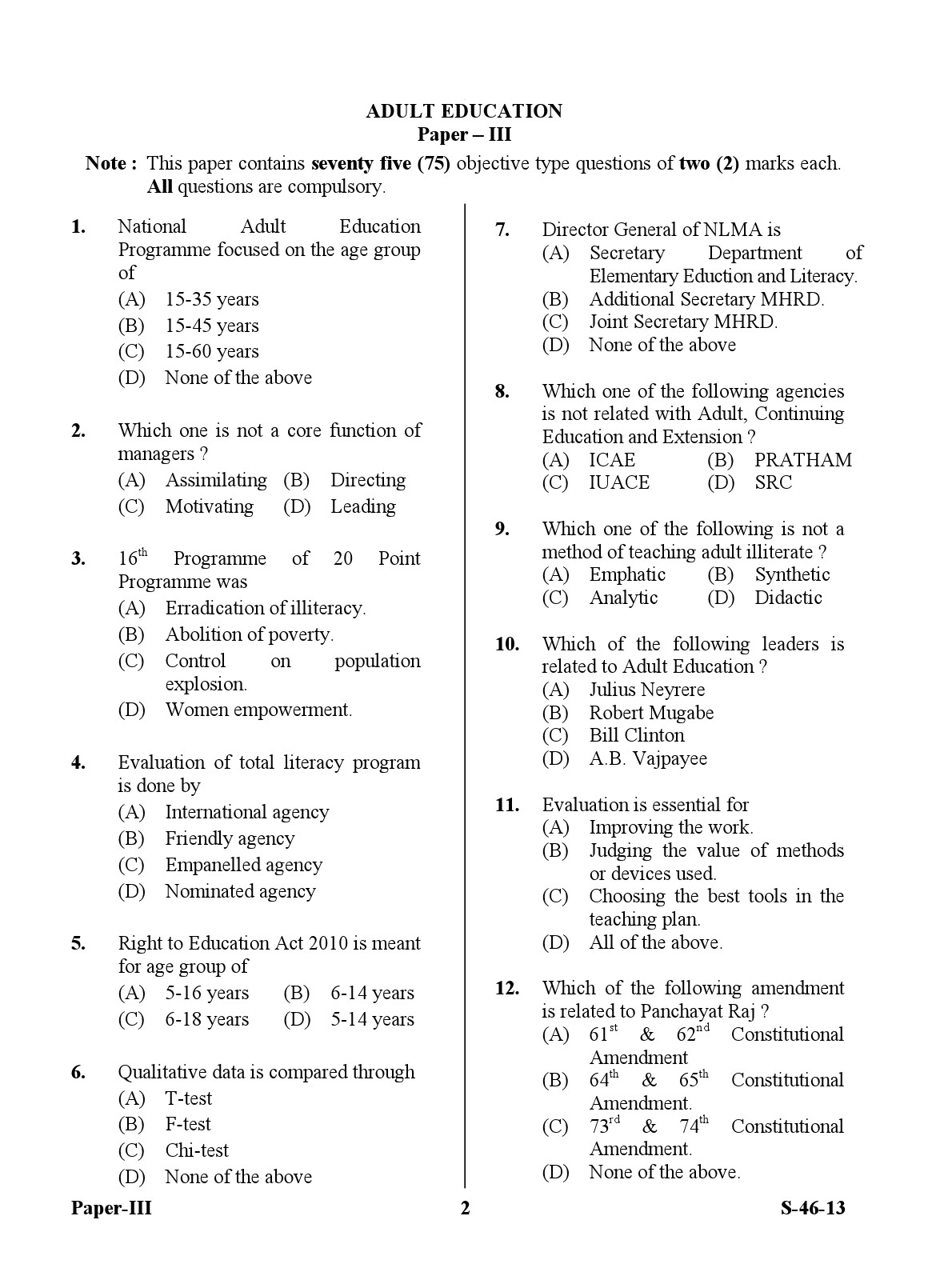 UGC NET Adult Education Question Paper III June 2013 2