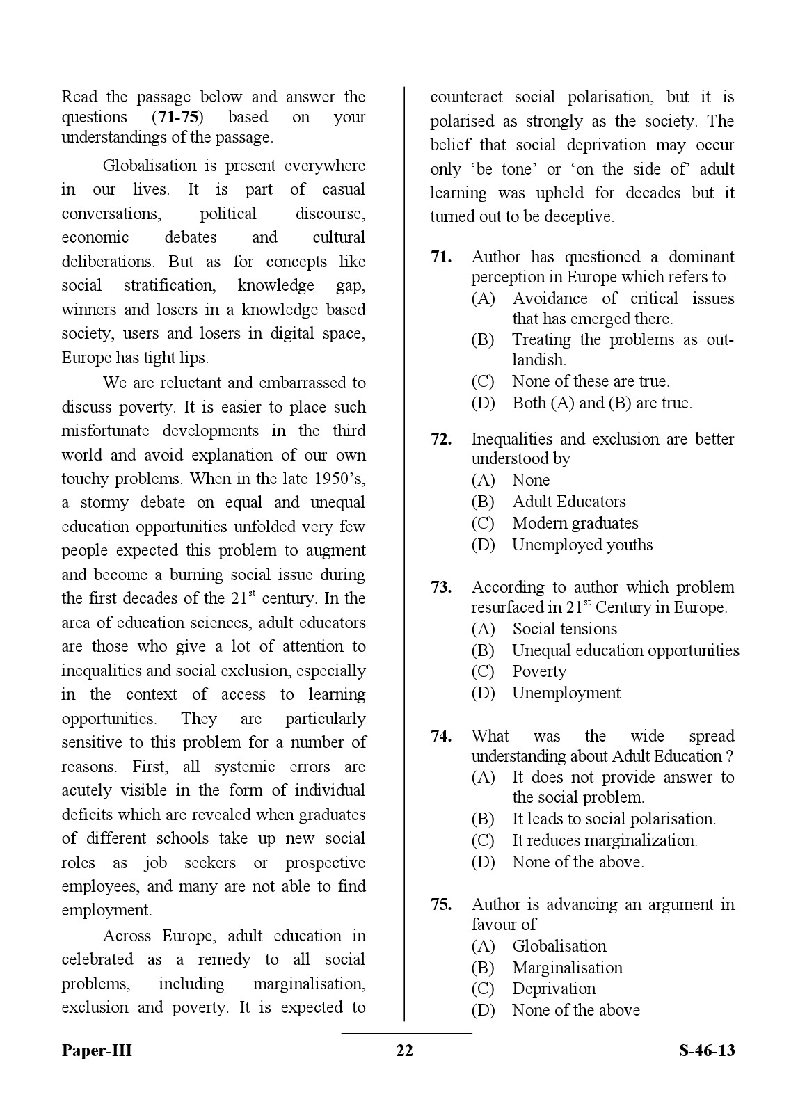 UGC NET Adult Education Question Paper III June 2013 22