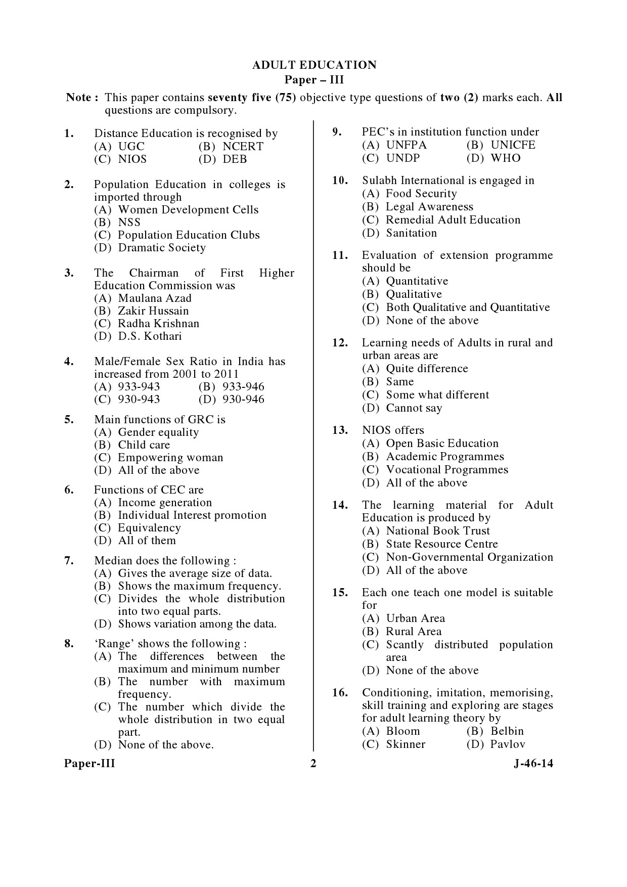 UGC NET Adult Education Question Paper III June 2014 2