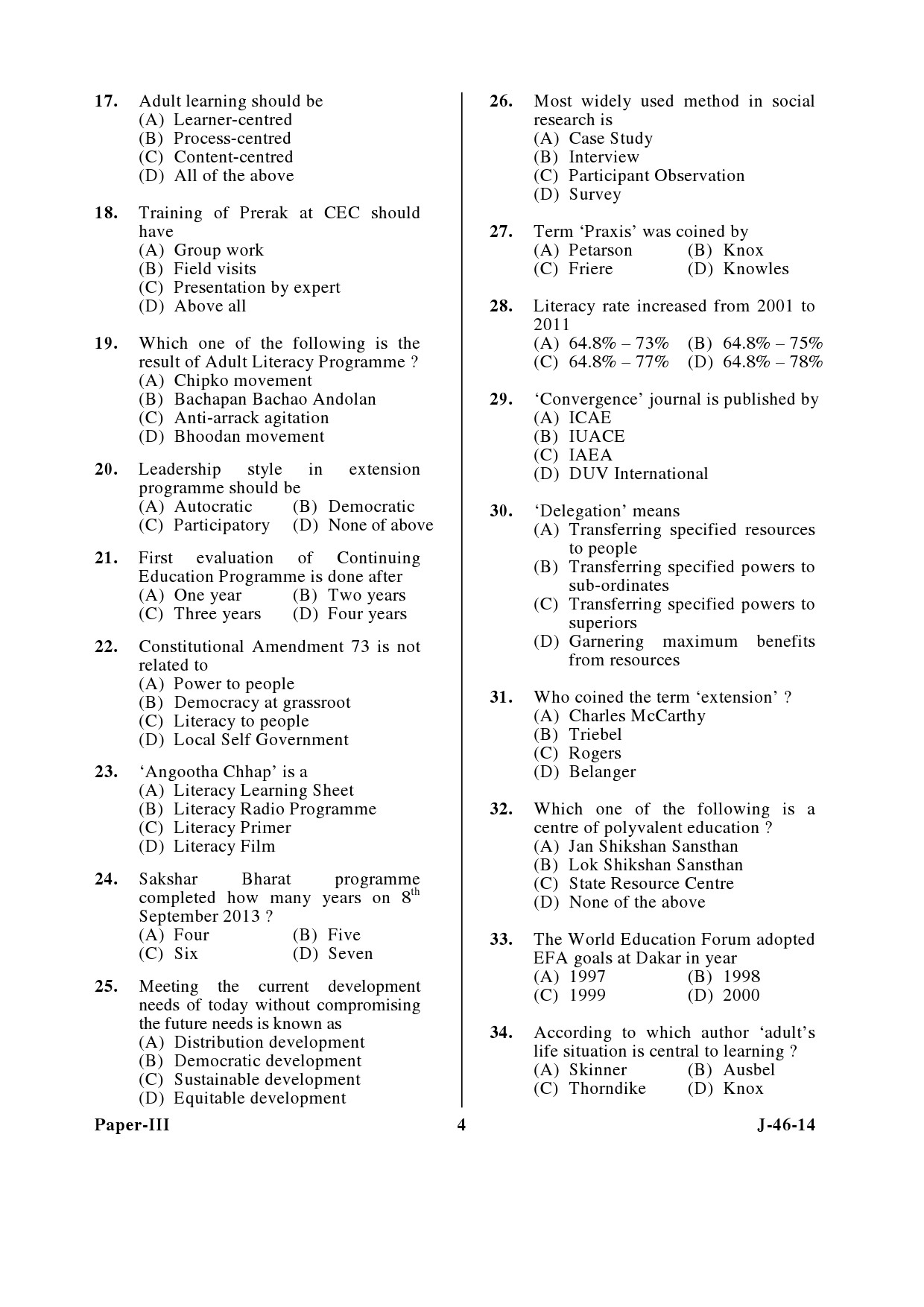 UGC NET Adult Education Question Paper III June 2014 4