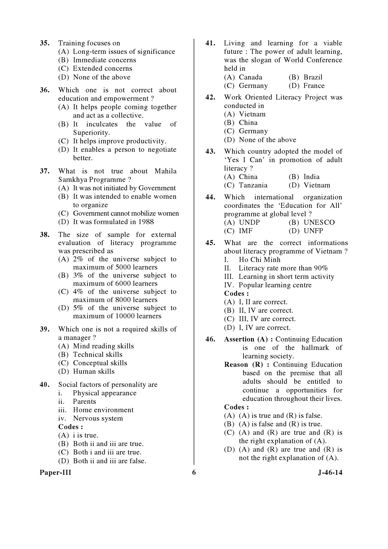 UGC NET Adult Education Question Paper III June 2014 6