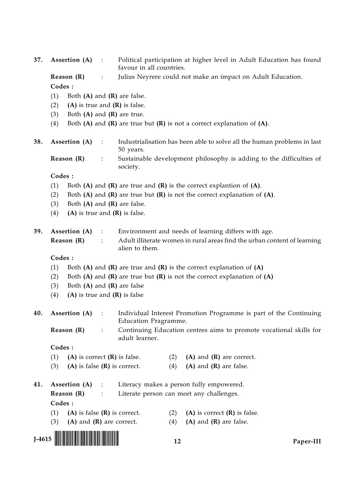 UGC NET Adult Education Question Paper III June 2015 12