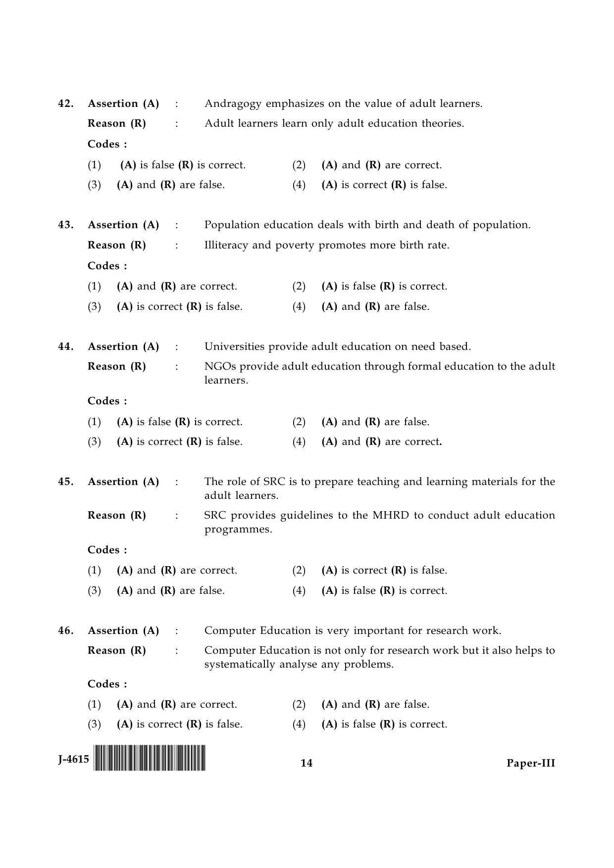 UGC NET Adult Education Question Paper III June 2015 14