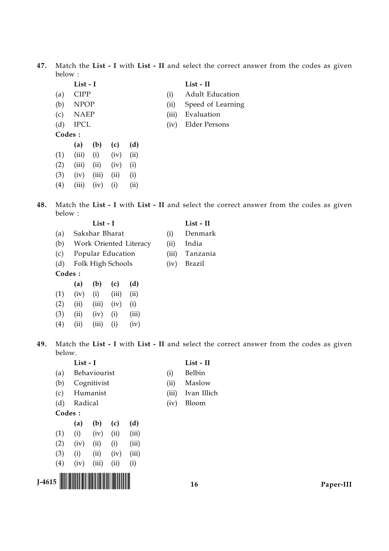 UGC NET Adult Education Question Paper III June 2015 16