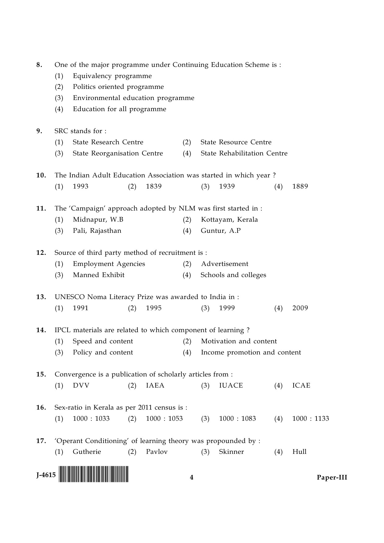 UGC NET Adult Education Question Paper III June 2015 4