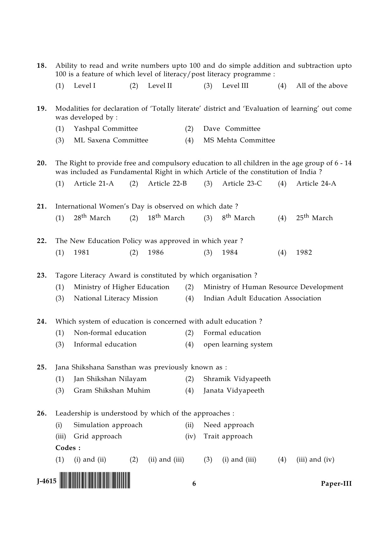 UGC NET Adult Education Question Paper III June 2015 6