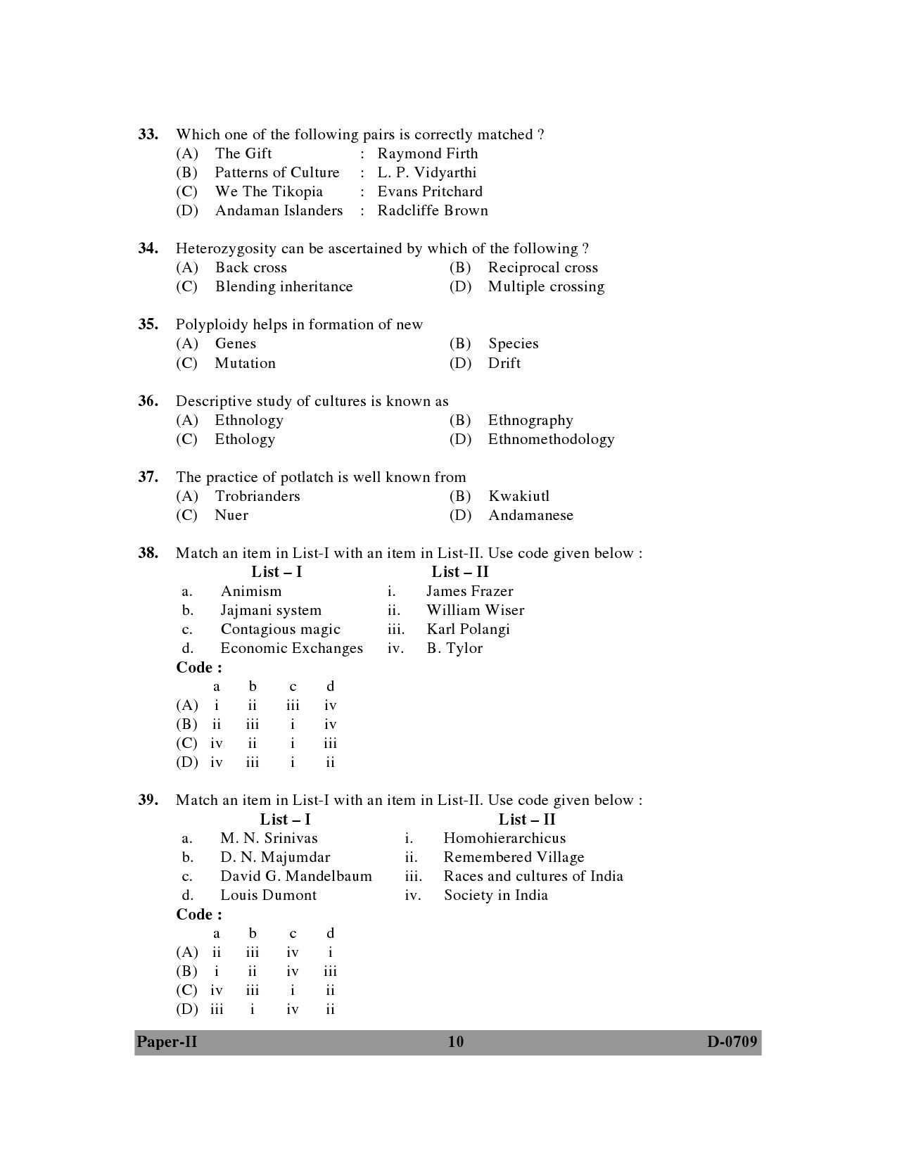 UGC NET Anthropology Question Paper II December 2009 10