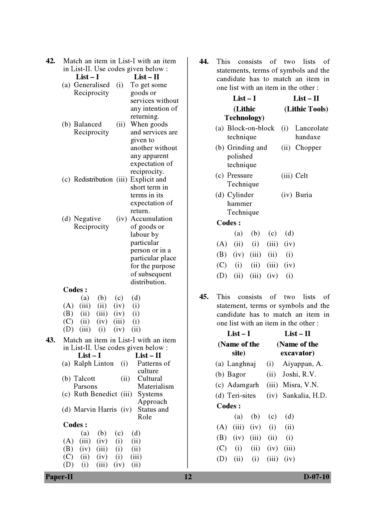 UGC NET Anthropology Question Paper II December 2010 12