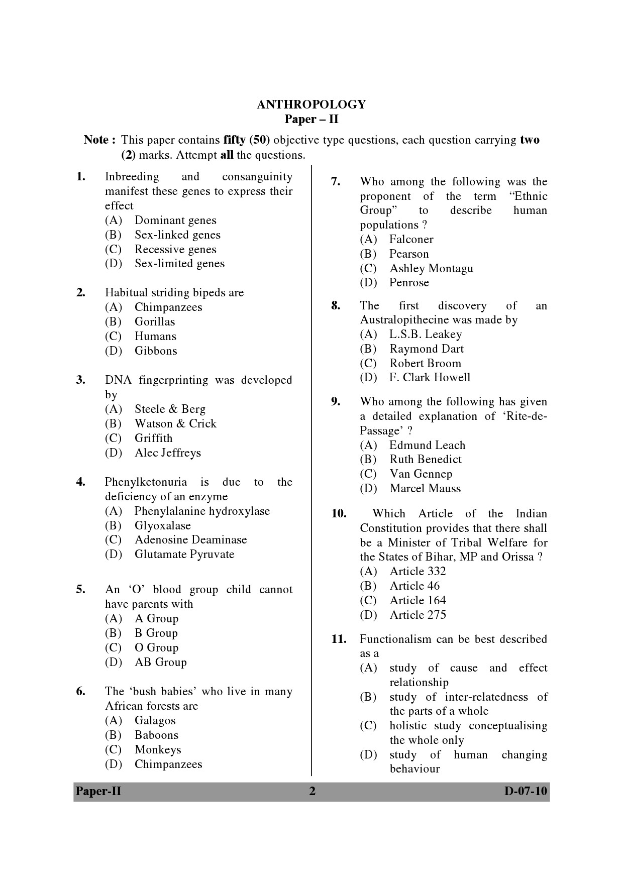 UGC NET Anthropology Question Paper II December 2010 2