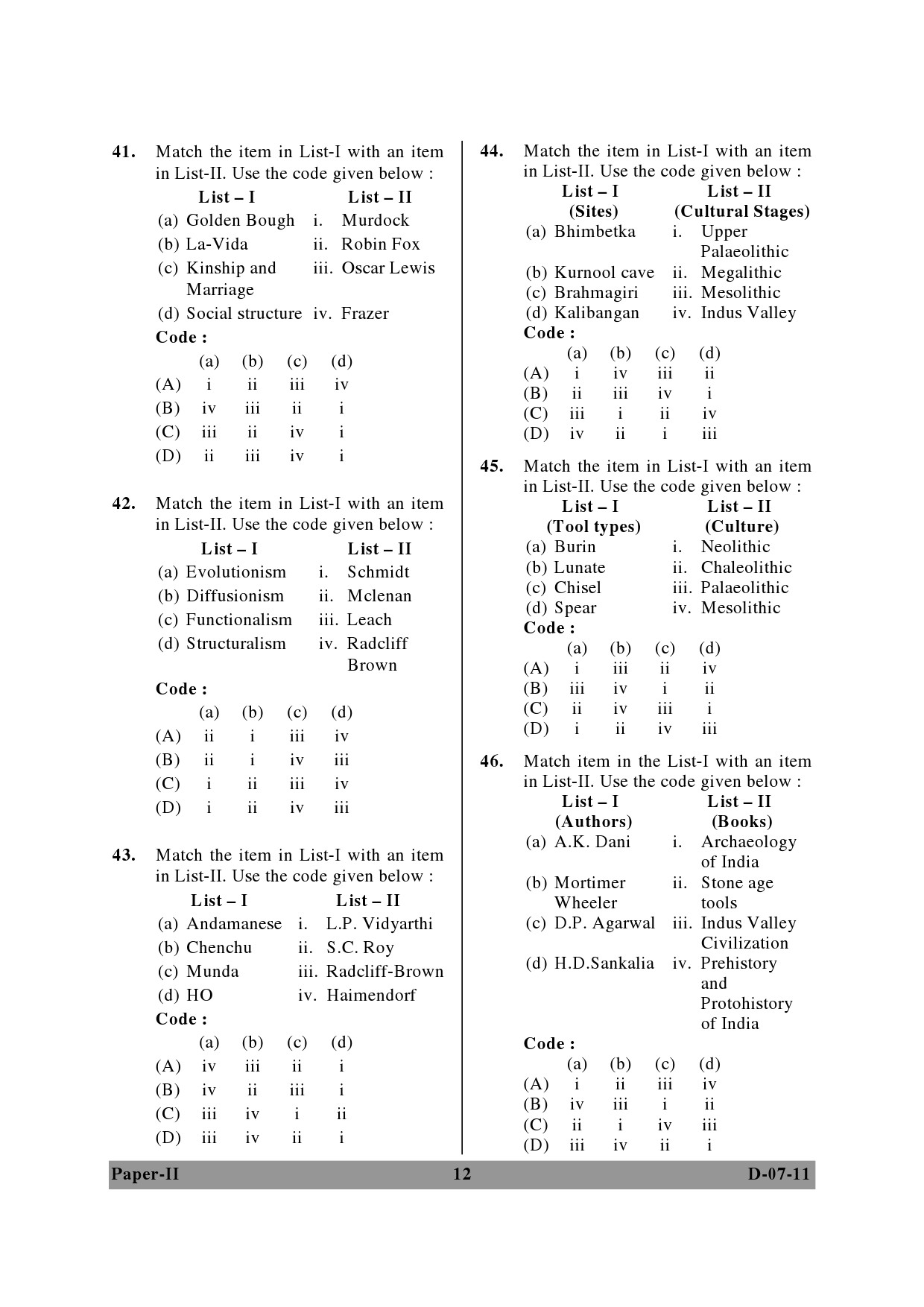 UGC NET Anthropology Question Paper II December 2011 12