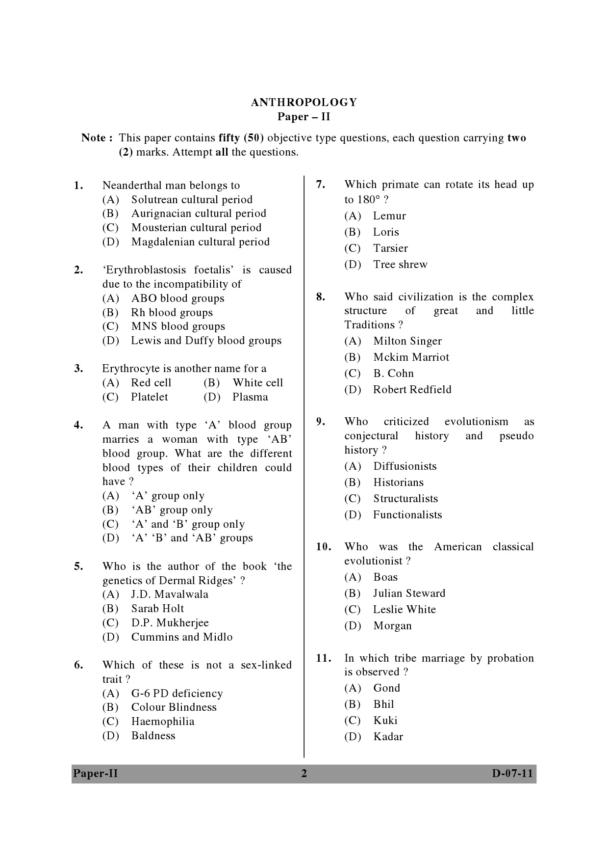 UGC NET Anthropology Question Paper II December 2011 2