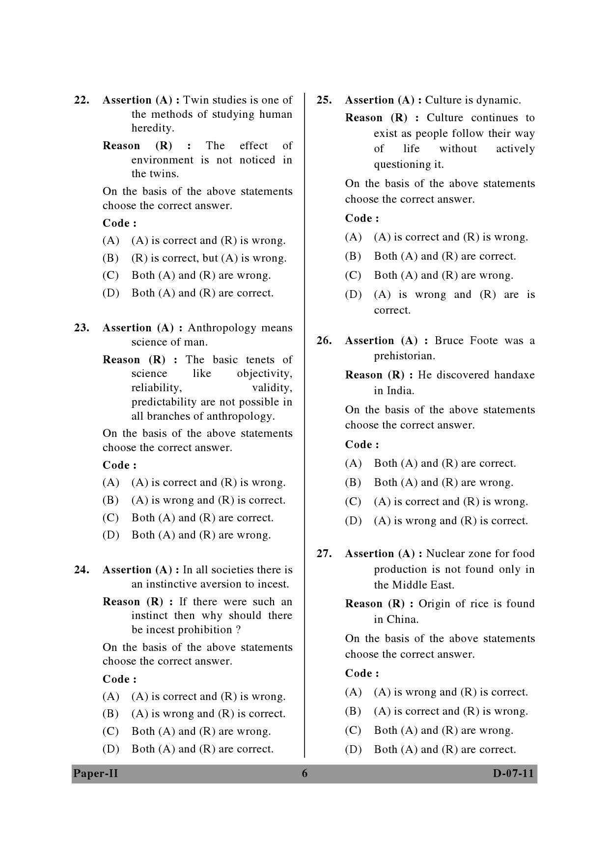 UGC NET Anthropology Question Paper II December 2011 6