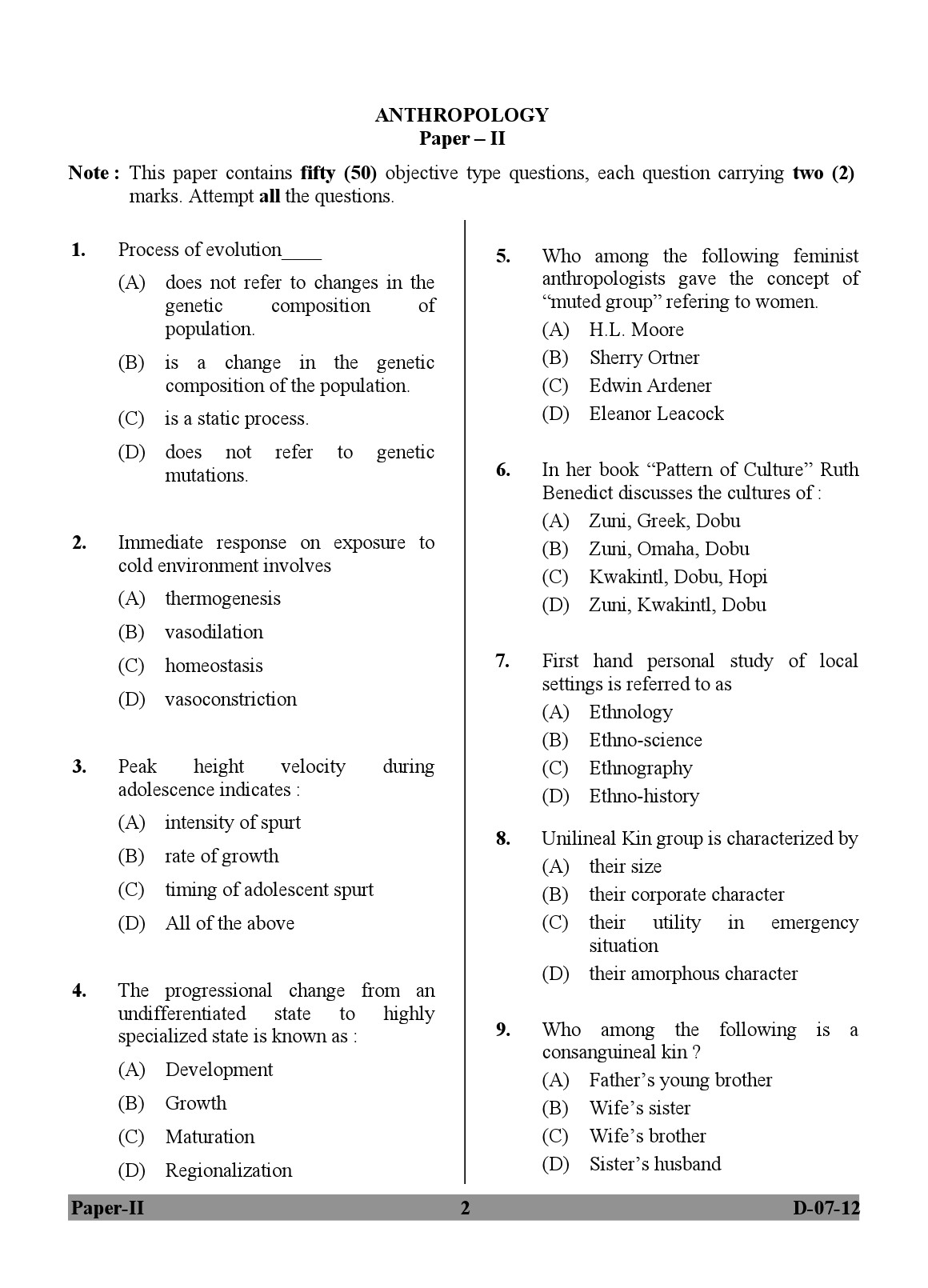 UGC NET Anthropology Question Paper II December 2012 2