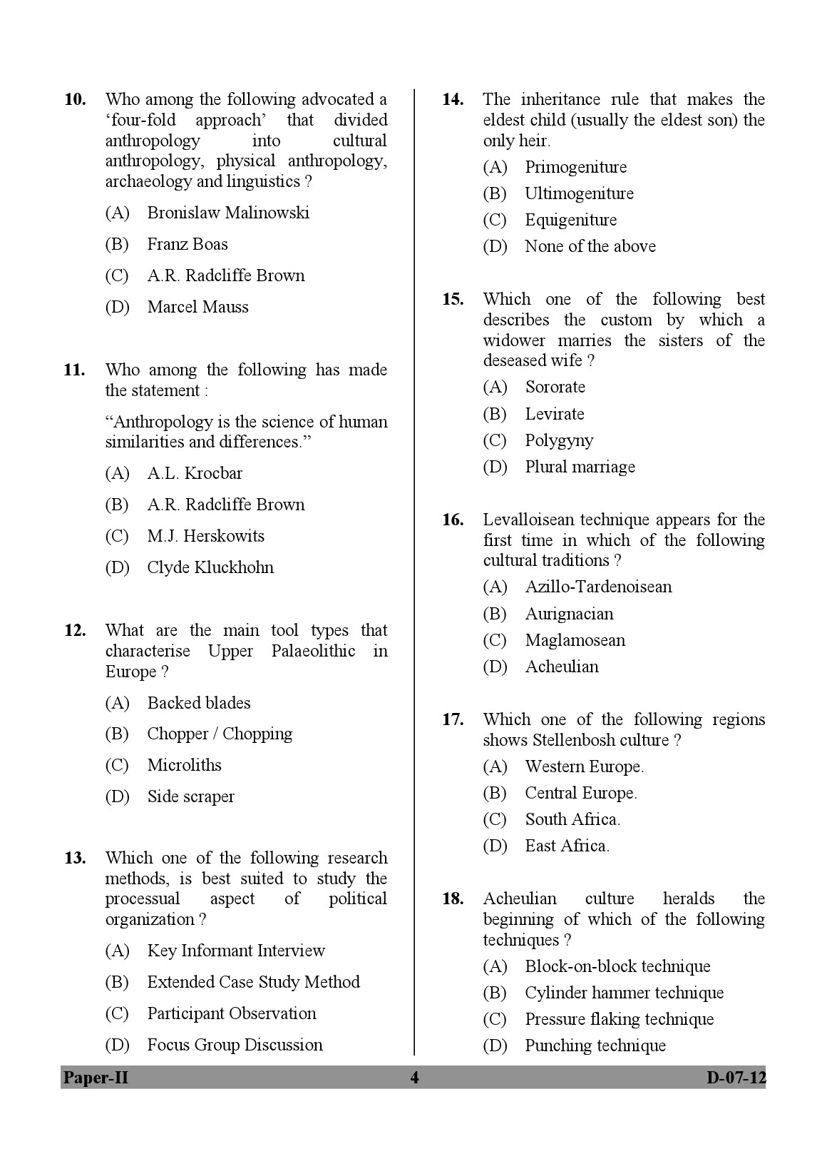 UGC NET Anthropology Question Paper II December 2012 4