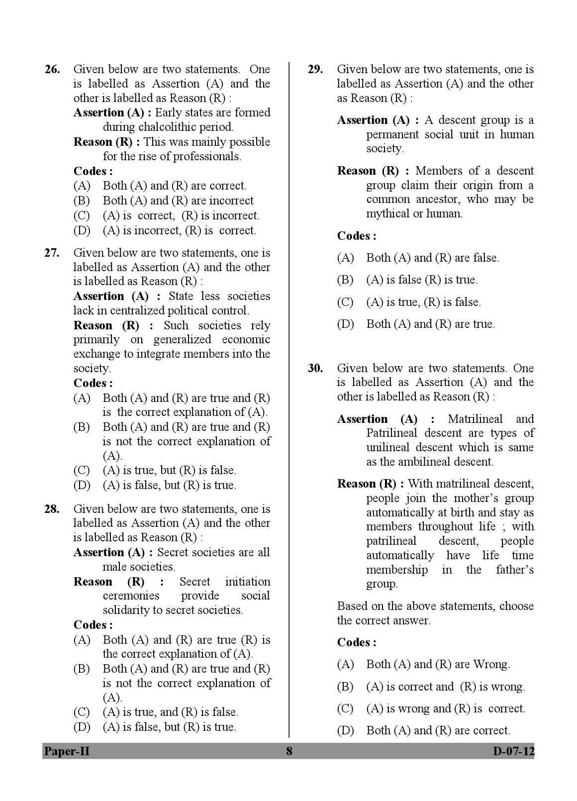 UGC NET Anthropology Question Paper II December 2012 8