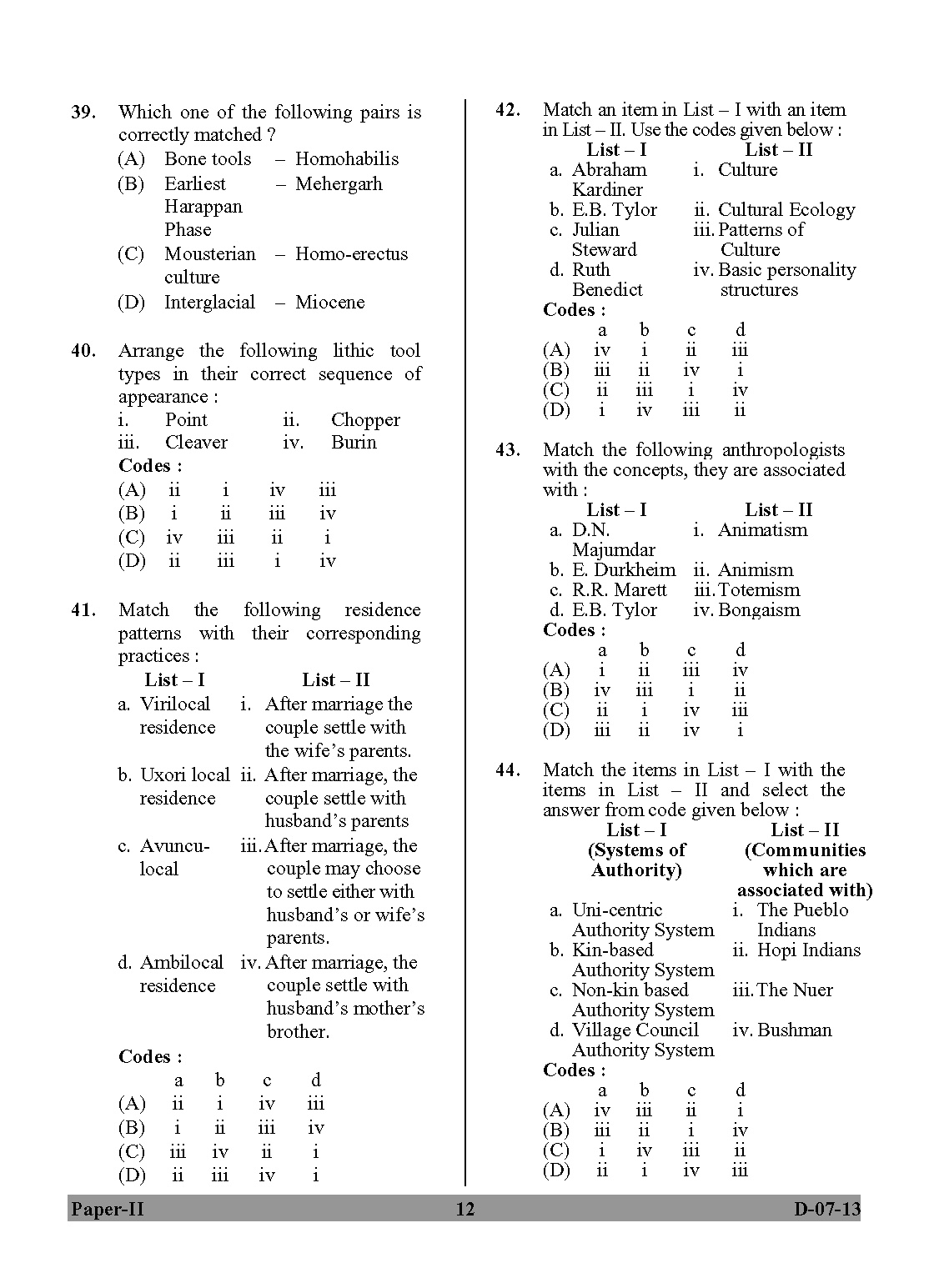 UGC NET Anthropology Question Paper II December 2013 12