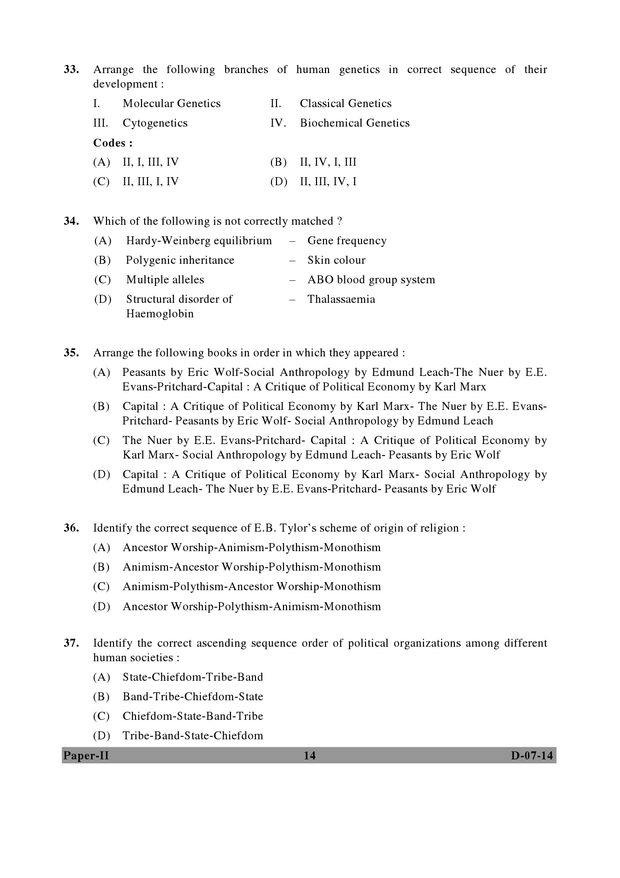 UGC NET Anthropology Question Paper II December 2014 14