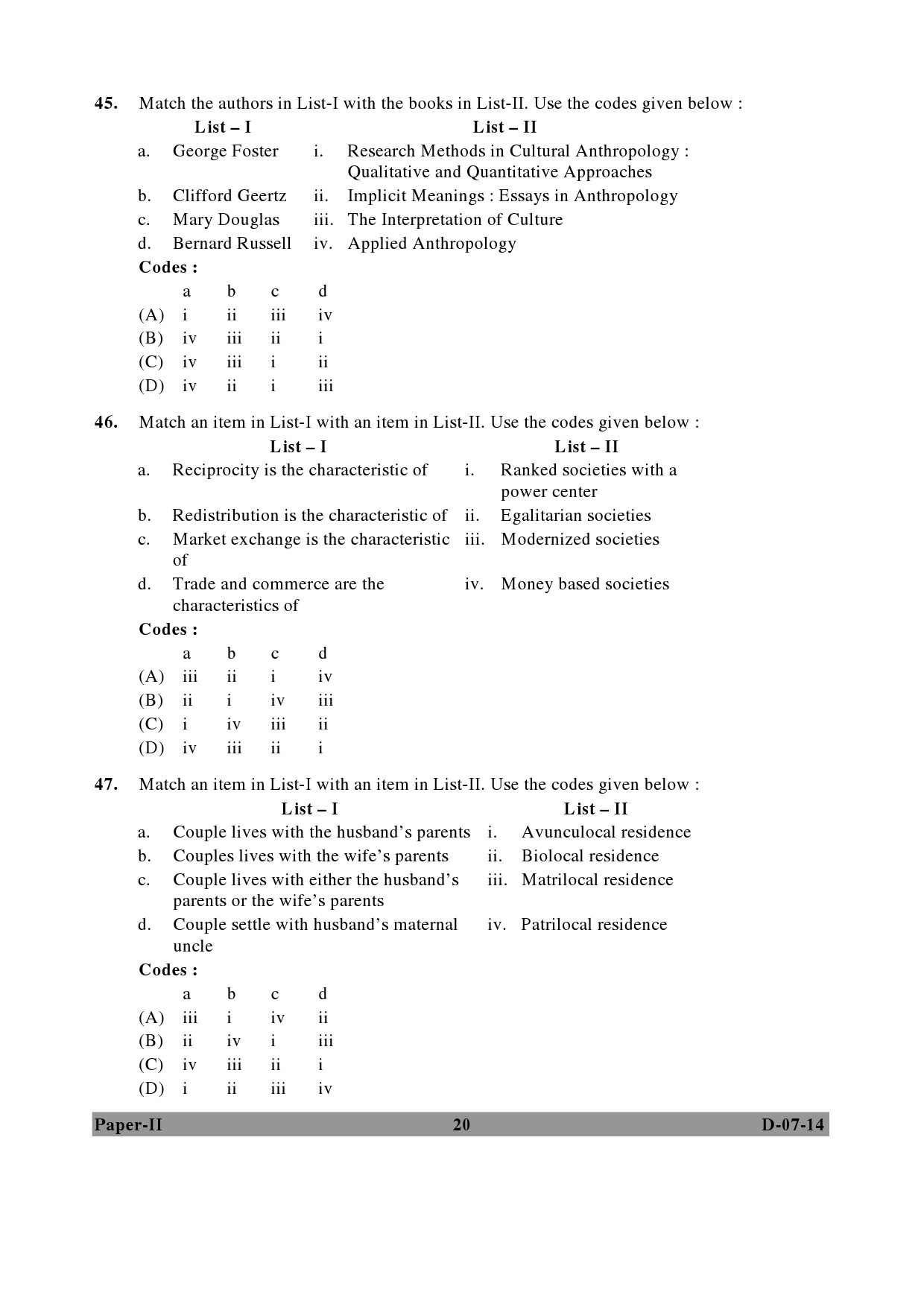 UGC NET Anthropology Question Paper II December 2014 20