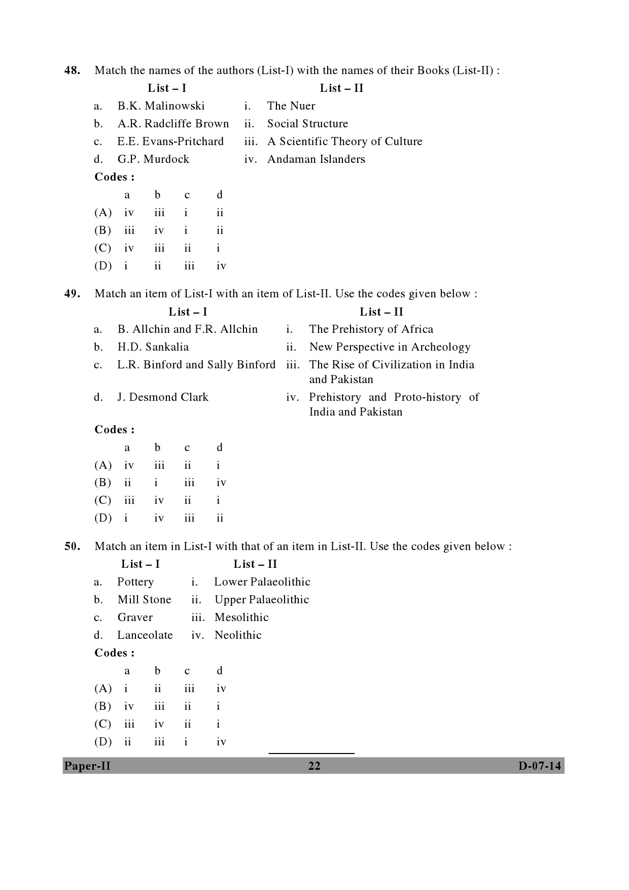 UGC NET Anthropology Question Paper II December 2014 22