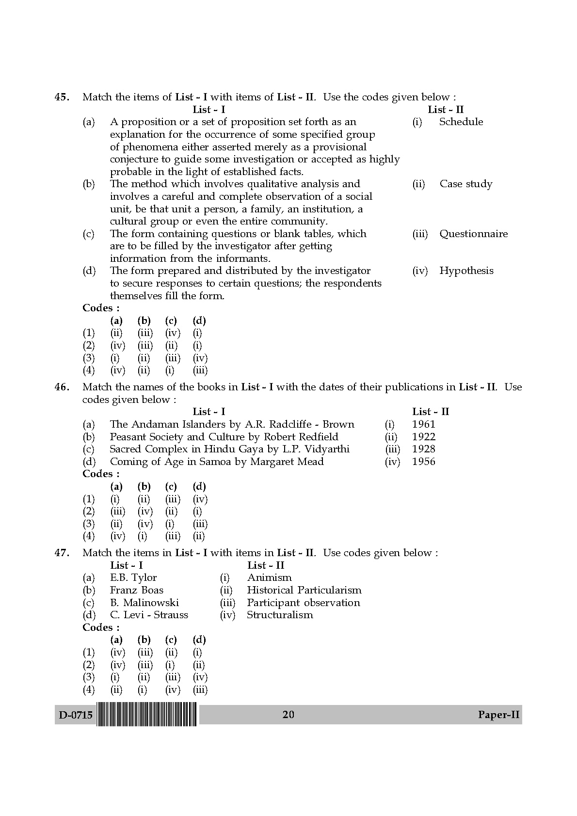 UGC NET Anthropology Question Paper II December 2015 20