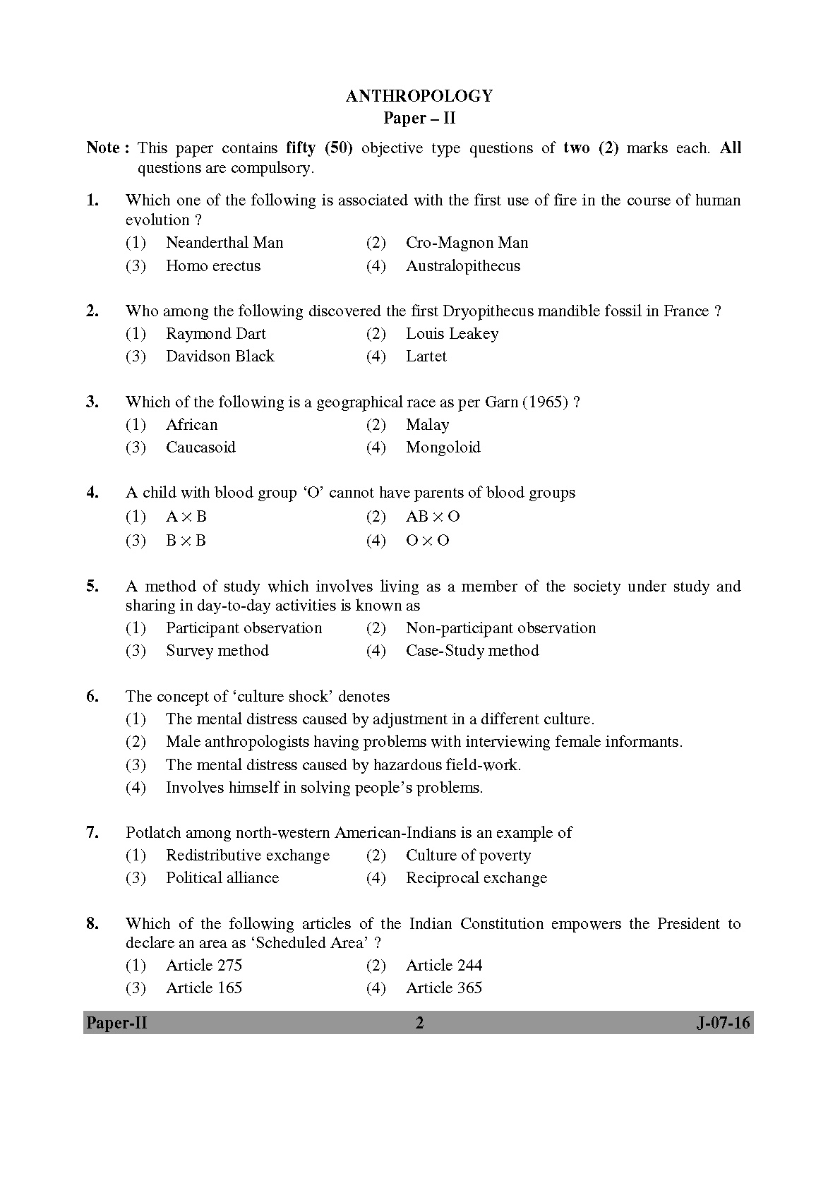 UGC NET Anthropology Question Paper II July 2016 Set 2 2