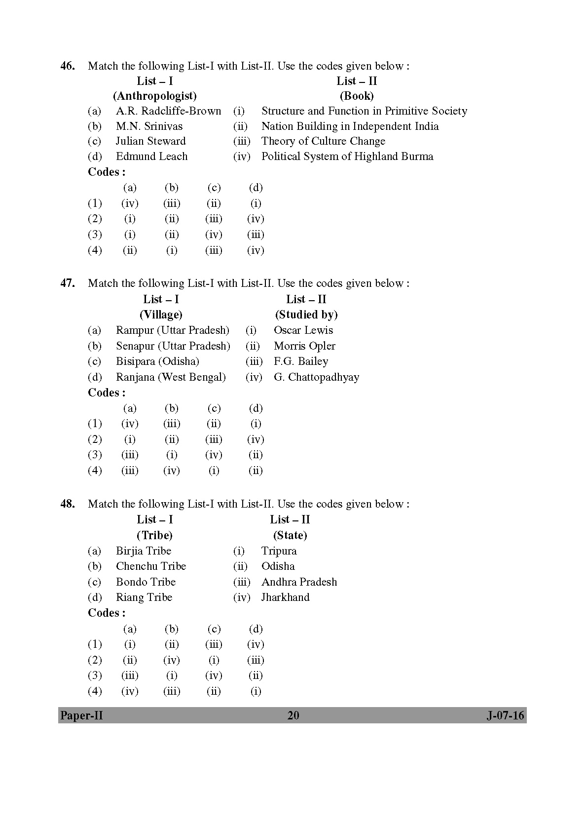 UGC NET Anthropology Question Paper II July 2016 Set 2 20