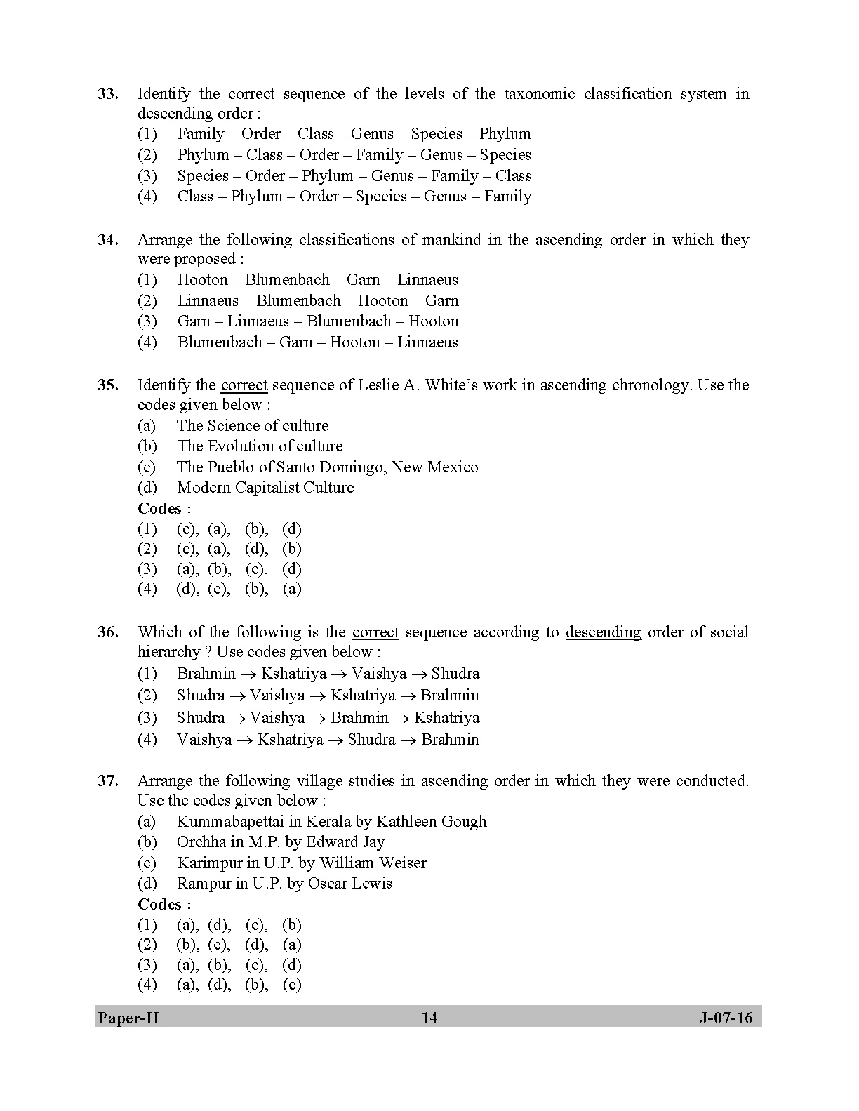 UGC NET Anthropology Question Paper II July 2016 14