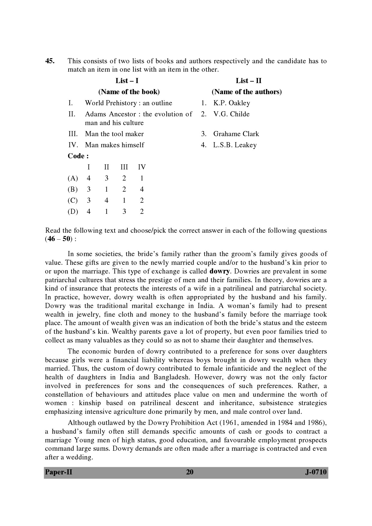 UGC NET Anthropology Question Paper II June 2010 20