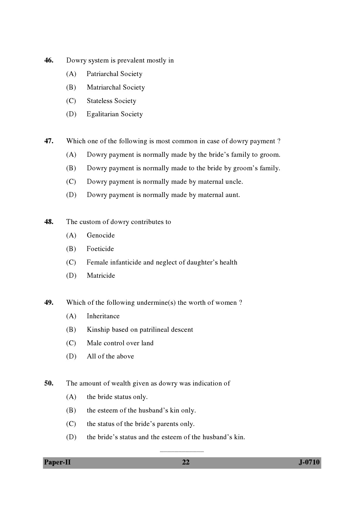 UGC NET Anthropology Question Paper II June 2010 22