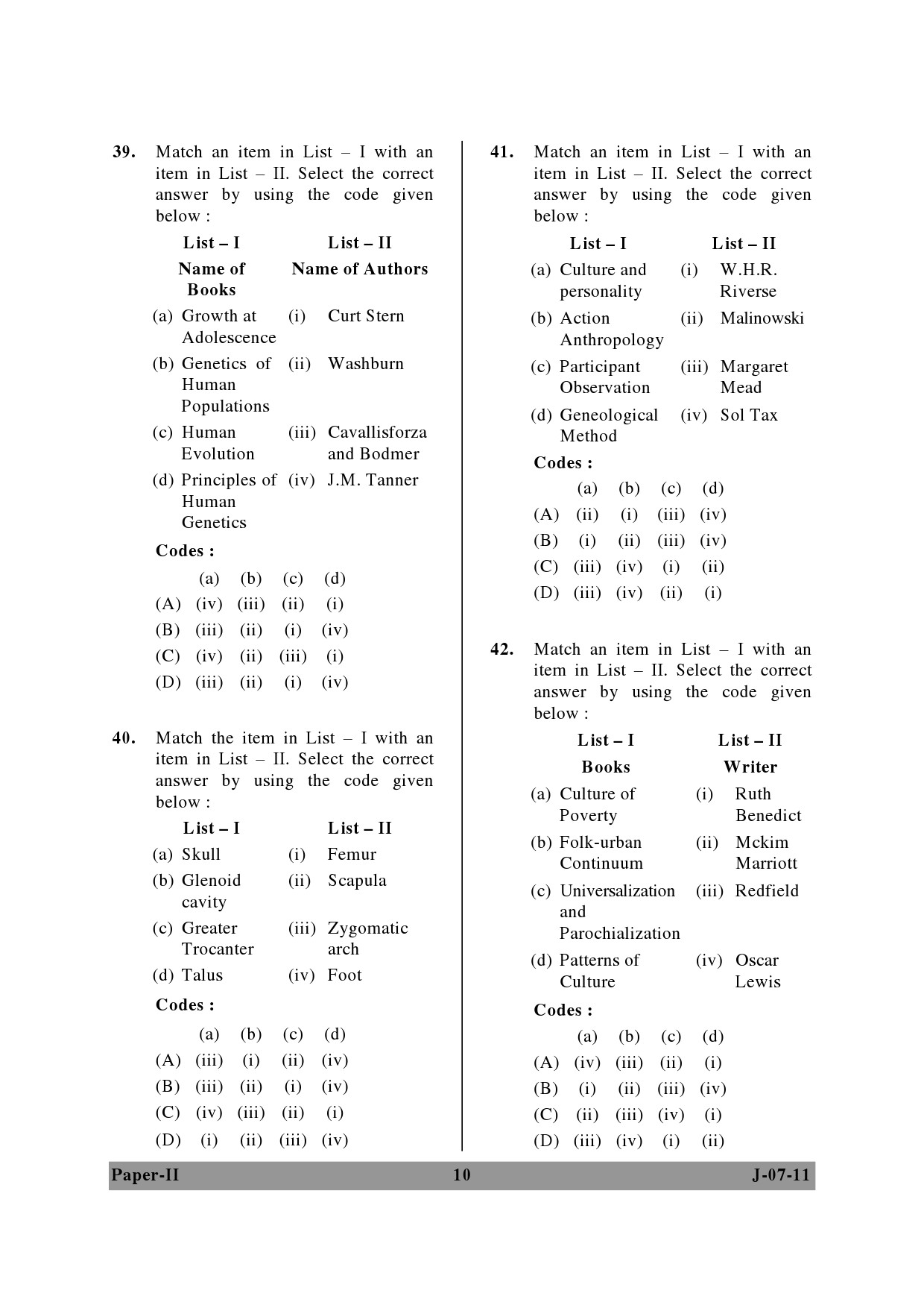 UGC NET Anthropology Question Paper II June 2011 10