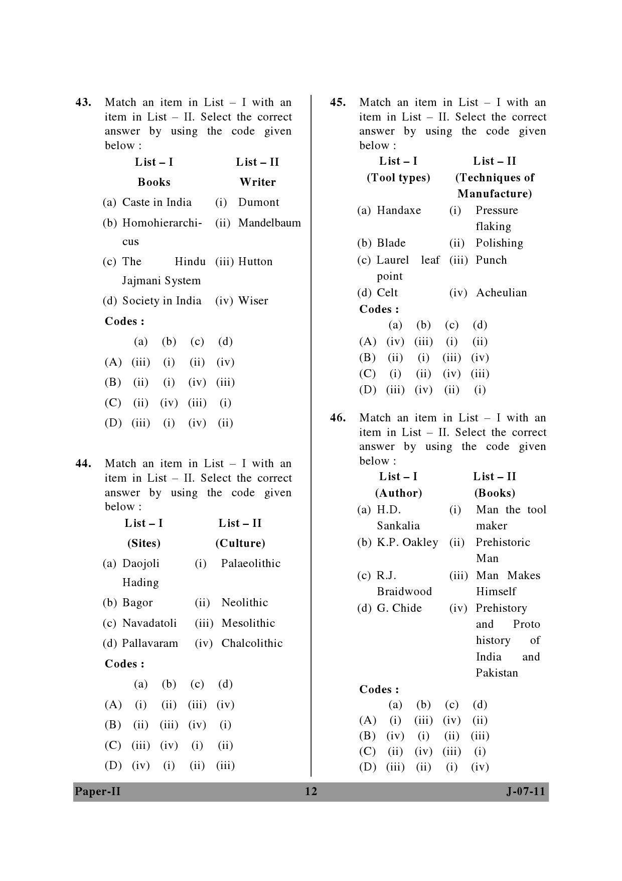 UGC NET Anthropology Question Paper II June 2011 12