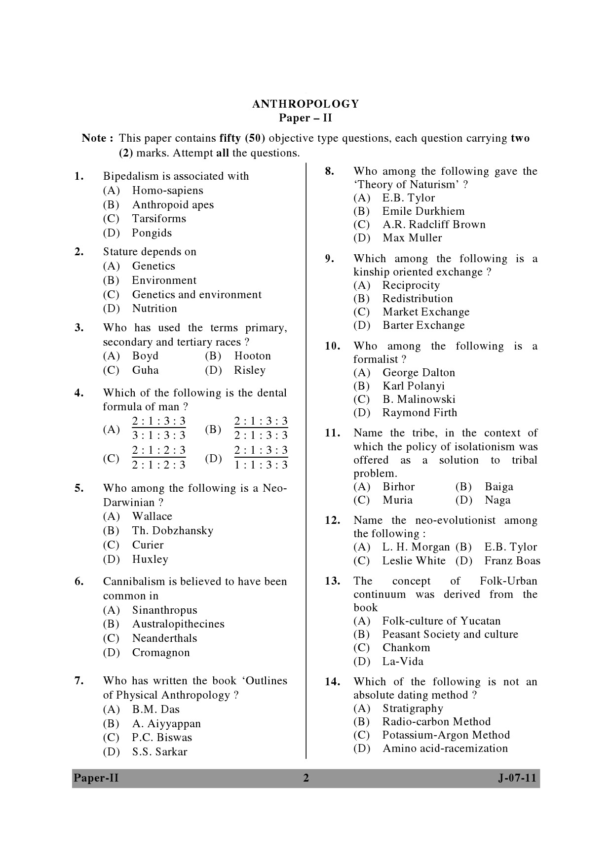 UGC NET Anthropology Question Paper II June 2011 2