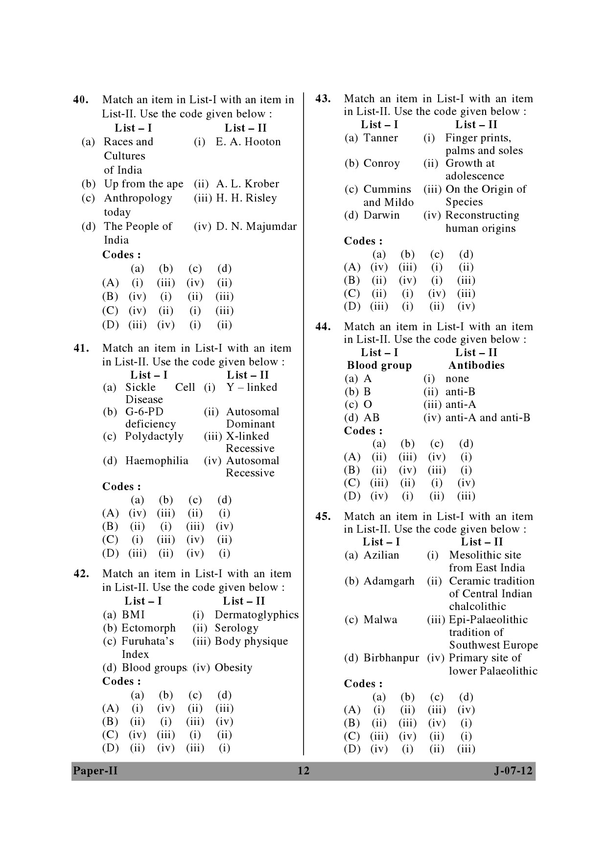 UGC NET Anthropology Question Paper II June 2012 12