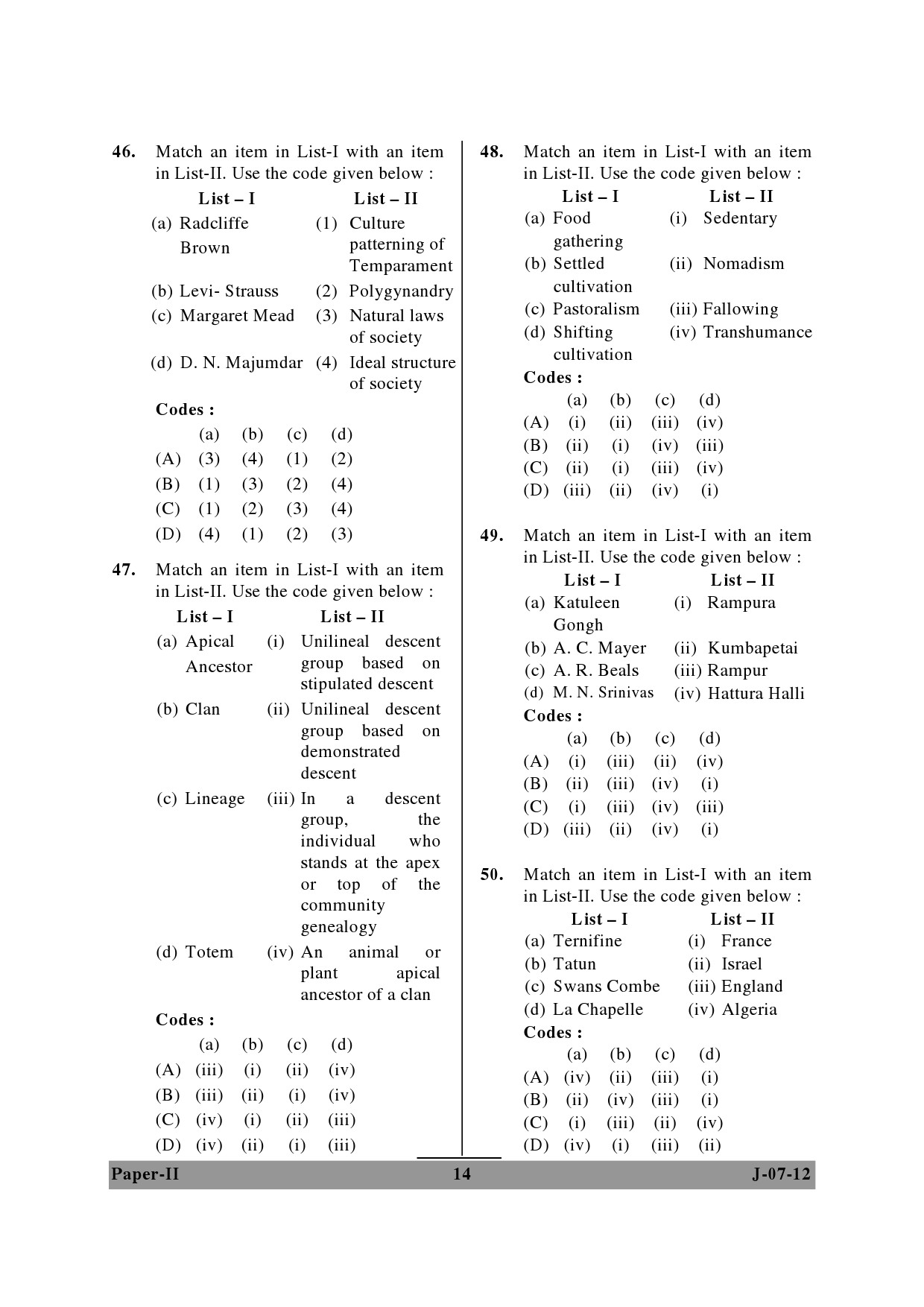 UGC NET Anthropology Question Paper II June 2012 14