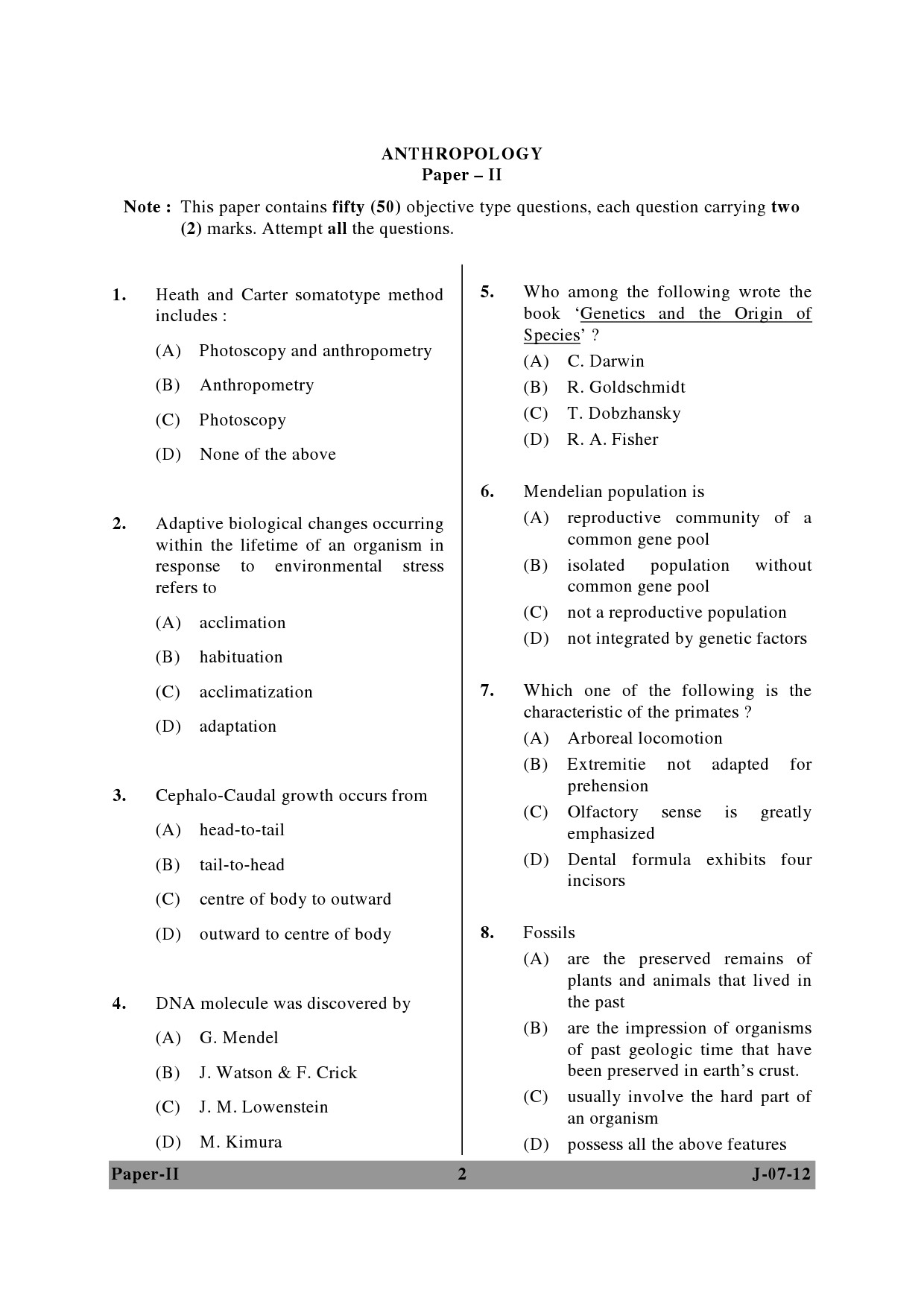 UGC NET Anthropology Question Paper II June 2012 2