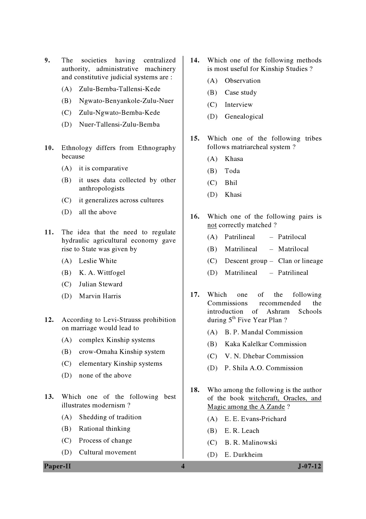 UGC NET Anthropology Question Paper II June 2012 4