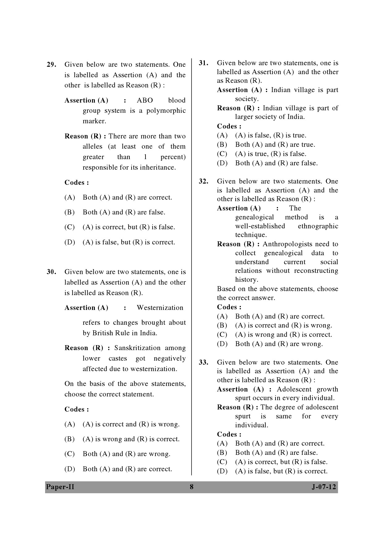 UGC NET Anthropology Question Paper II June 2012 8