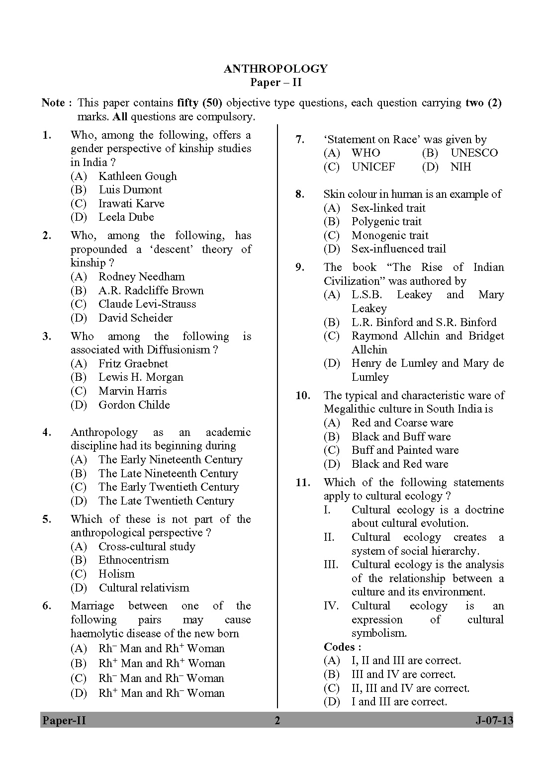 UGC NET Anthropology Question Paper II June 2013 Set 2 2