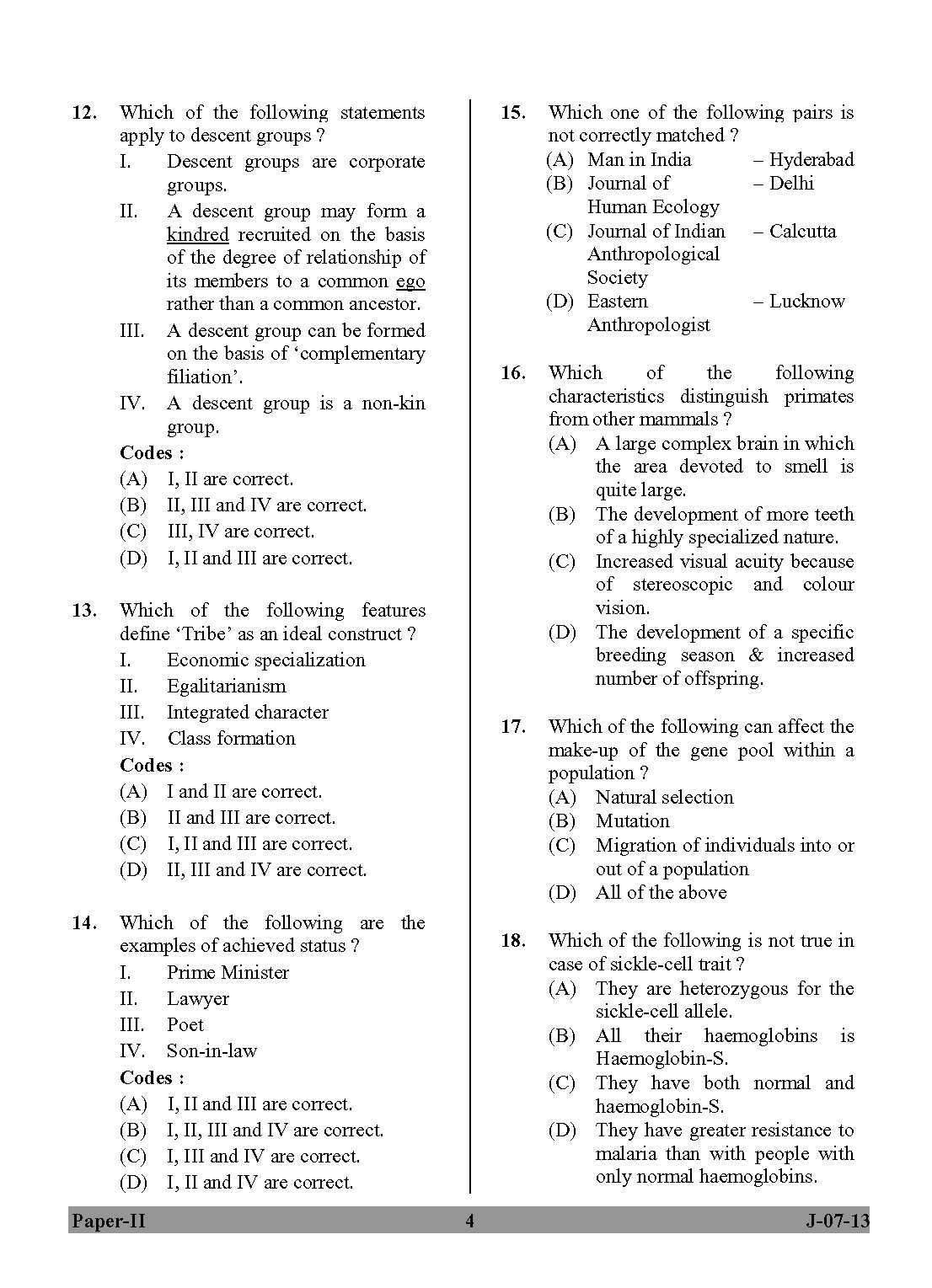 UGC NET Anthropology Question Paper II June 2013 Set 2 4