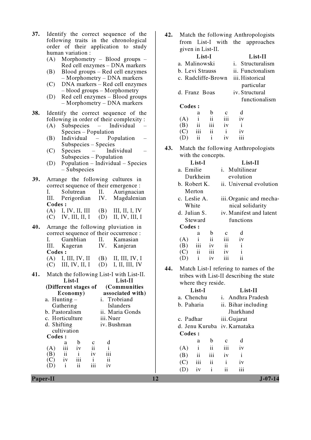 UGC NET Anthropology Question Paper II June 2014 12