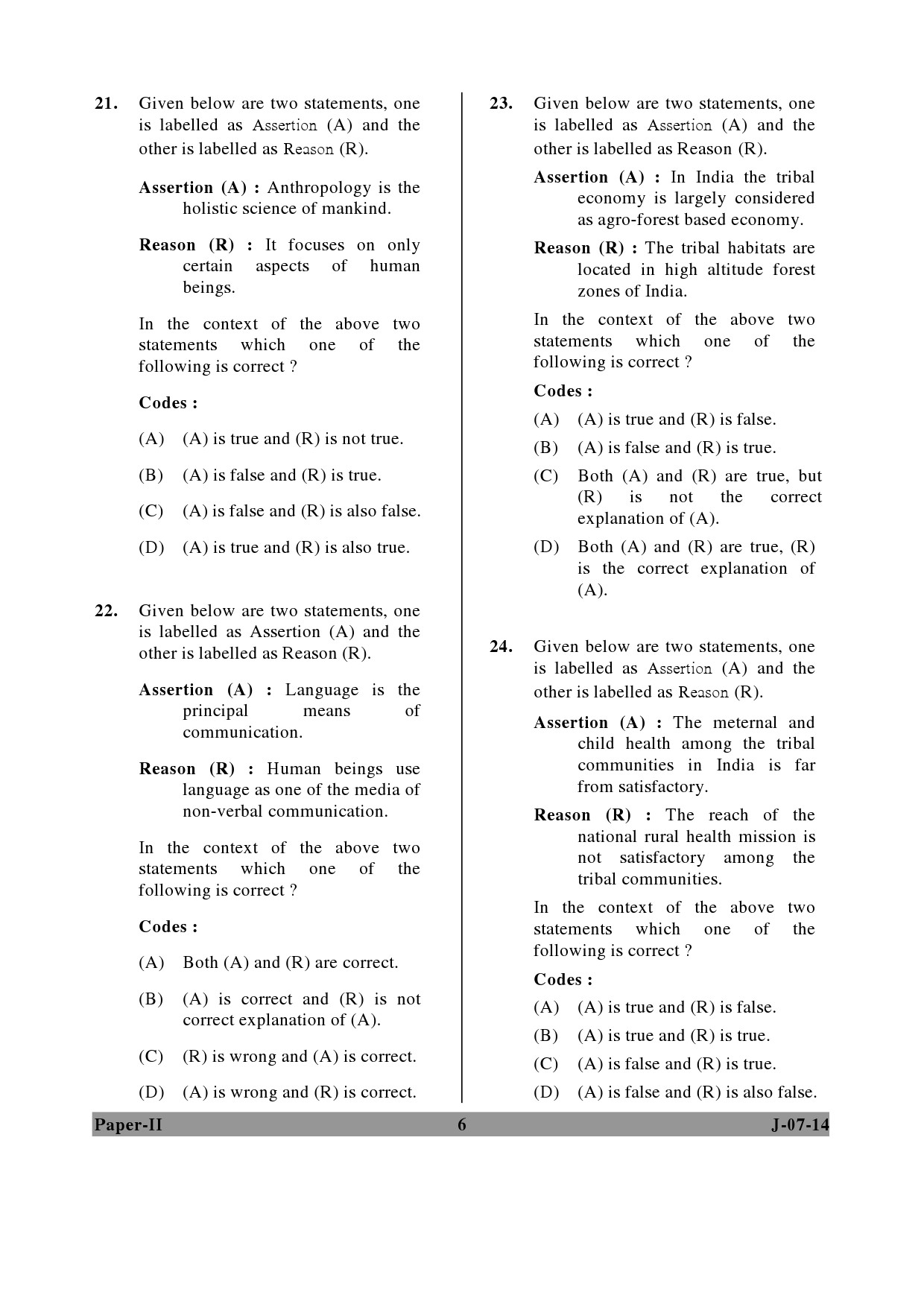 UGC NET Anthropology Question Paper II June 2014 6