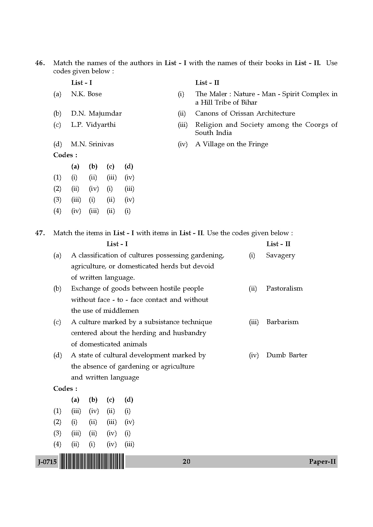 UGC NET Anthropology Question Paper II June 2015 20