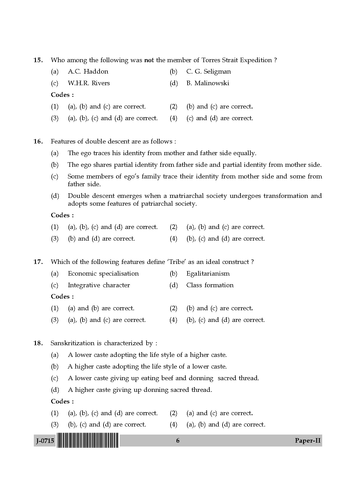 UGC NET Anthropology Question Paper II June 2015 6